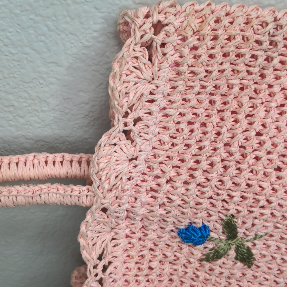 Vintage Charter Club Pink Straw Bag Purse Flower Buds Summer Cottagecore - Picture 6 of 12